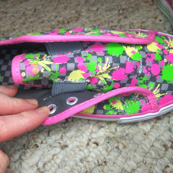 Keds Dahlia Gray Checkerboard Pink, Green, Yellow & Gray Paint Splatter Sneakers - Picture 6 of 12